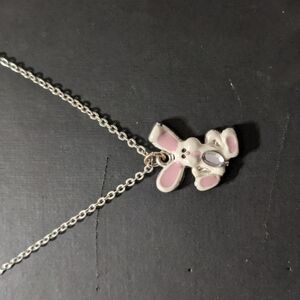 Silver Tone Pink and White Bunny Rabbit with Clear Rhinestone Pendant Necklace